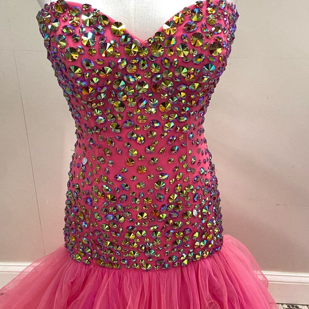 Sherri Hill Multicolor Sequin and Pink Tulle Dress - Picture 2 of 5